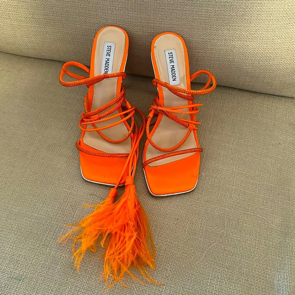 Steve Madden orange rhinestoned high heeled sandals with feather tassels